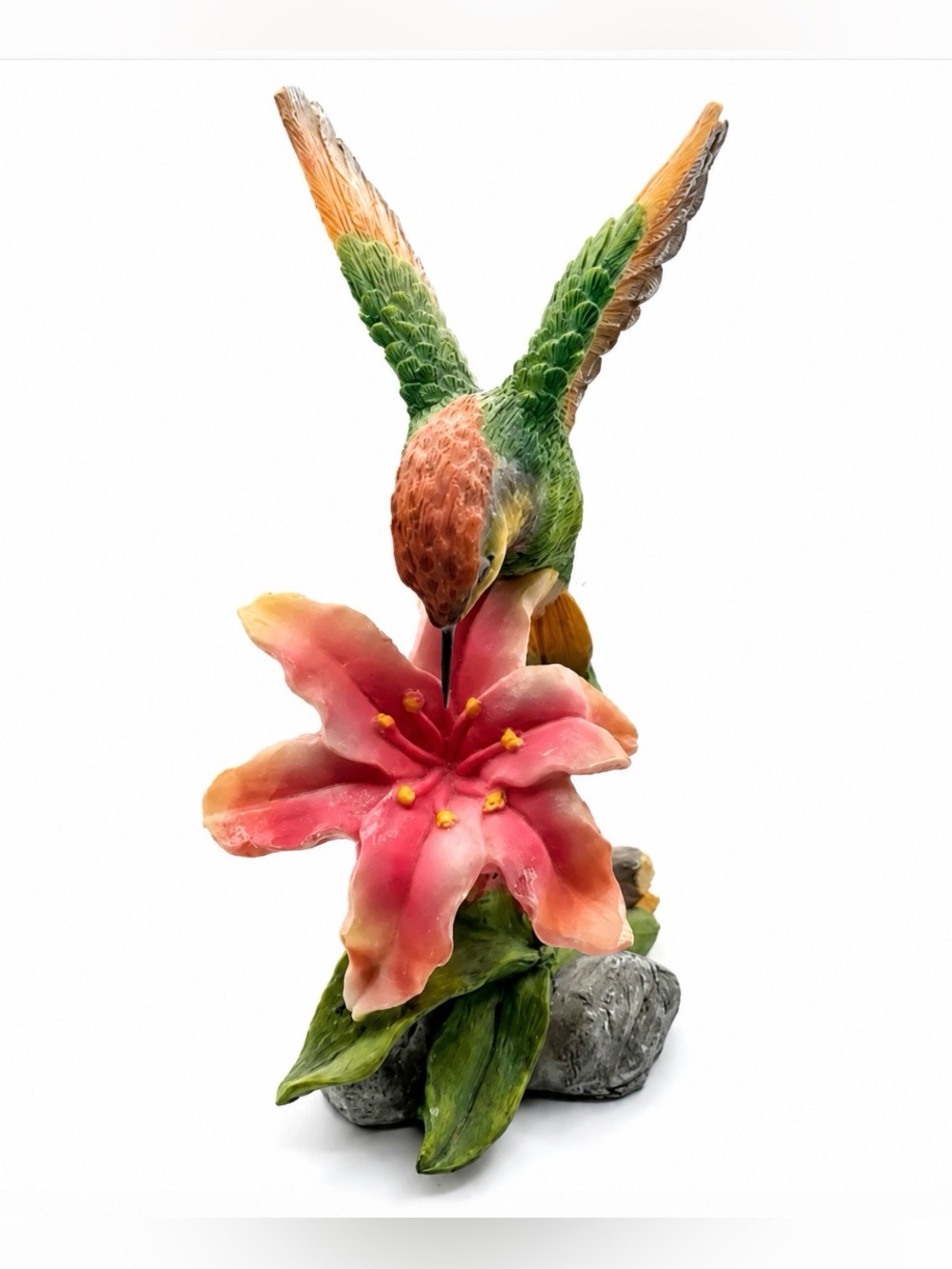 Hummingbird Bird Figurine Pink Lily Vintage Damage on Wing